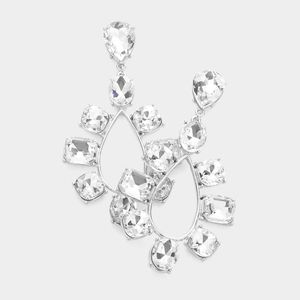 Silver Stone Trimmed Dangle Earrings Teardrop Crystal Bling Statement Jewelry